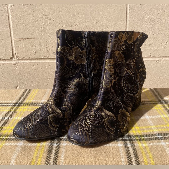Franco Sarto Olympia Black and Gold Asian Inspired Embroidered Ankle Booties - Picture 3 of 9